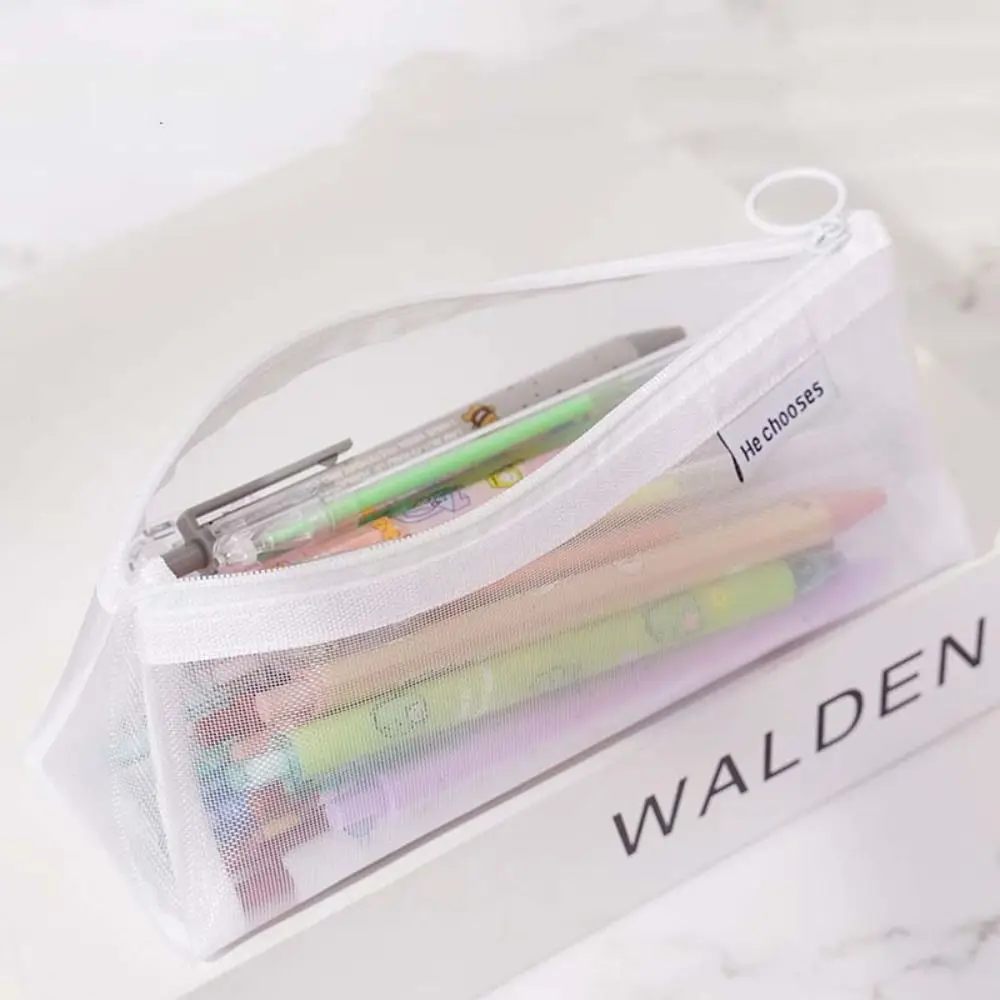 Nylon Mesh Pencil Case Retro Color Large Capacity Transparent Bills Bag Cosmetic Bag Storage Bag Zipper Stationery Bag Student