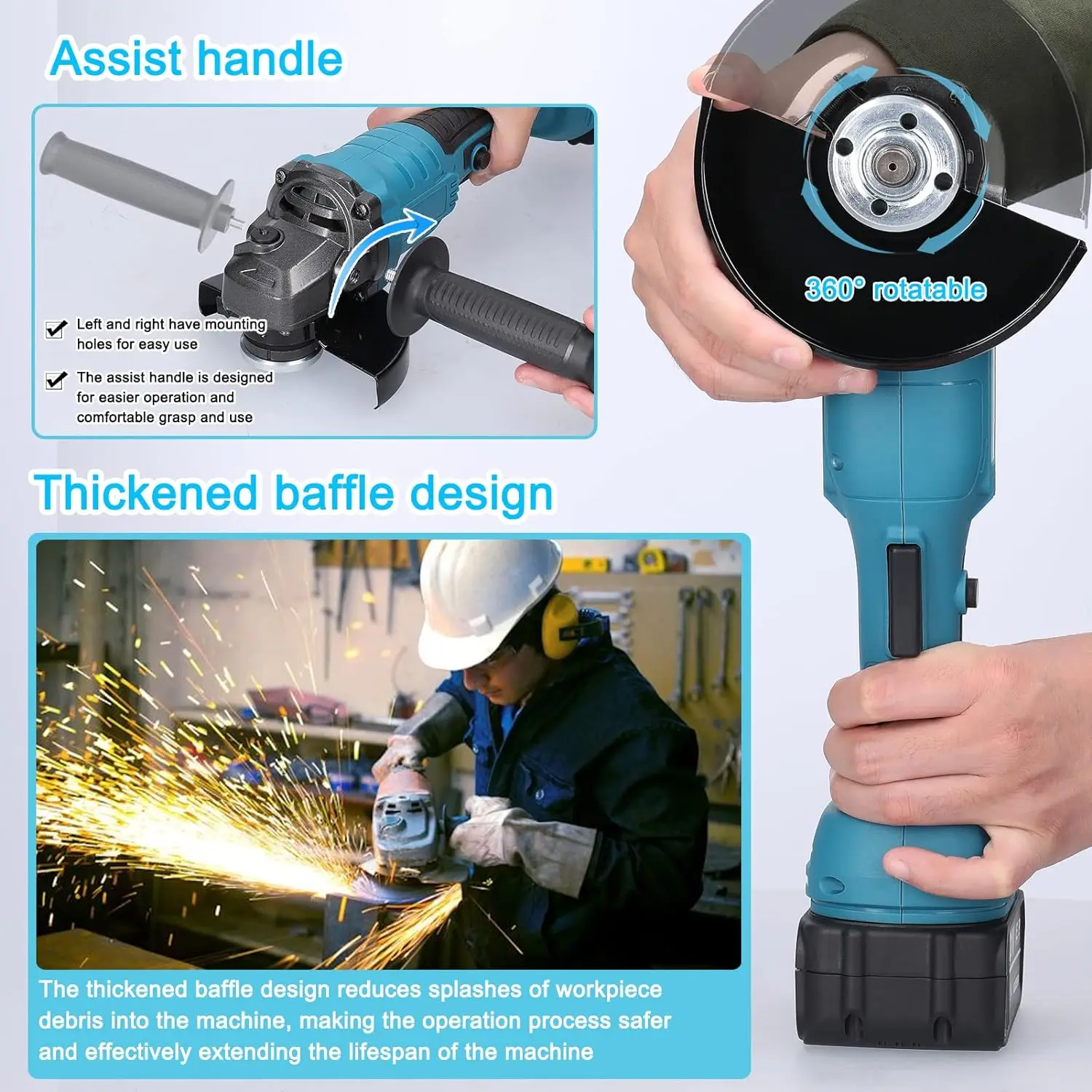 Meuleuse d'angle sans fil 125 mm, outil électrique multifonctionnel haute puissance pour le meulage, le polissage et la découpe du métal, du bois et de la pierre, élimination de la rouille, compatible avec la batterie Makita 18V, pour usage domestique, industriel et bricolage.