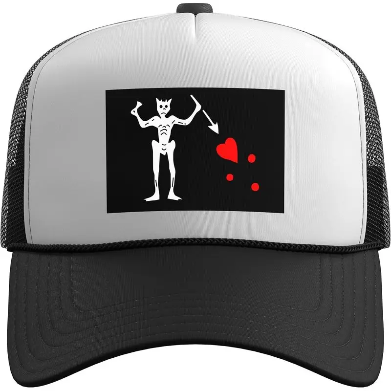 Blackbeard Pirate Flag Jolly Roger Skeleton Hearts Halloween Trucker Hat with Adjustable Mesh Back