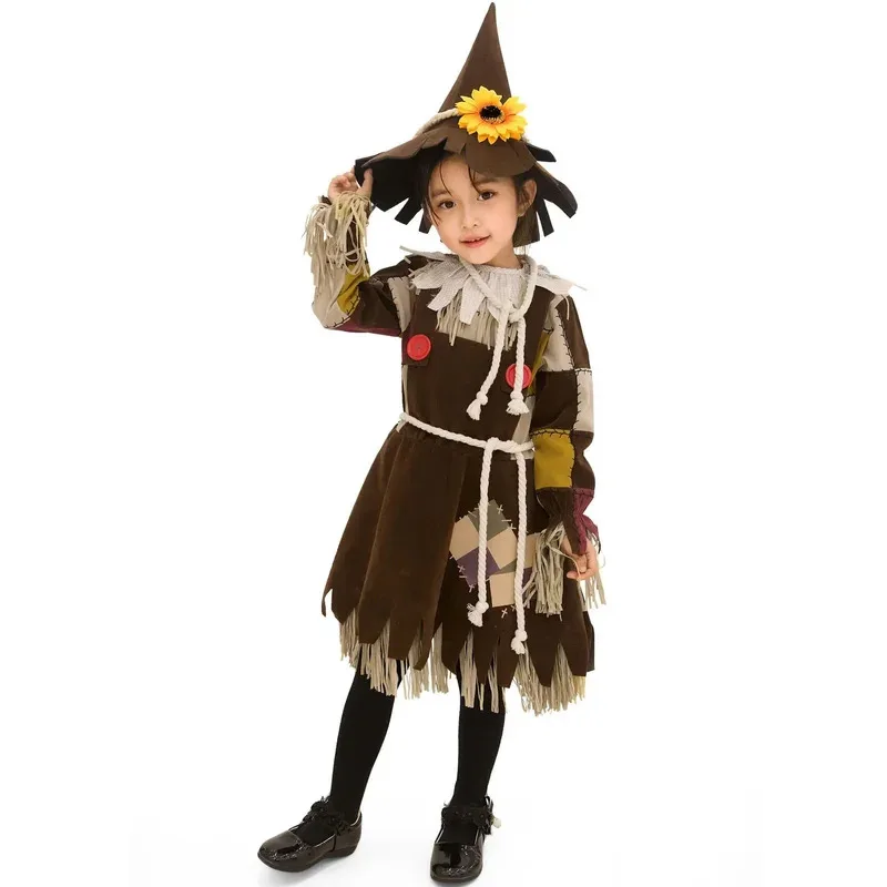 Costumi di Halloween per ragazze Cosplay Costume da spaventapasseri per bambini Abito con toppe di zucca Abito da festa per spettacoli teatrali per bambini