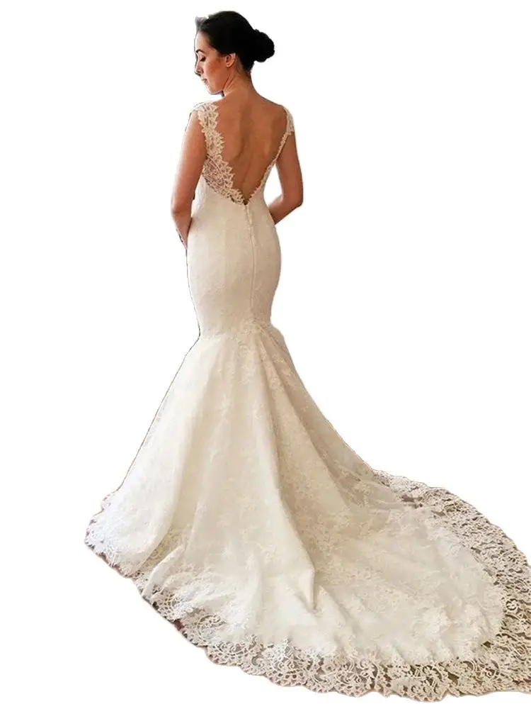 Moderne Spitze Meerjungfrau Hochzeit Kleider Neue Sexy Backless V Neck Sweep Zug Brautkleider Nach Maß Robe de mariee