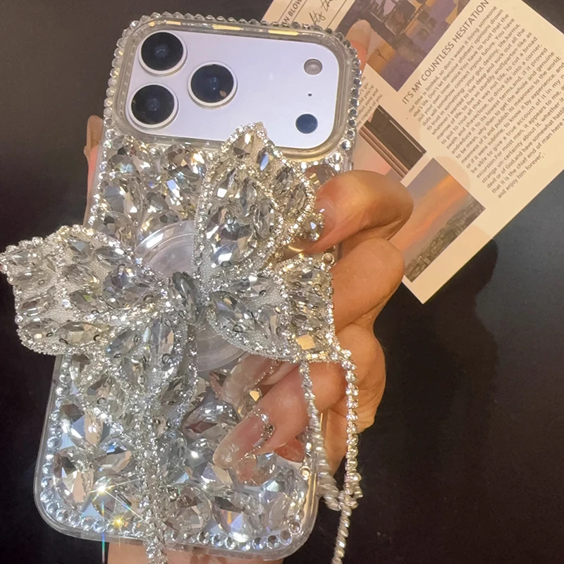 3D Bling Full Rhinestone Butterfly Tassel Phone Case For iPhone 17 16 15 14 13 Pro Max Glitter Diamond Luxury Shockproof Cover