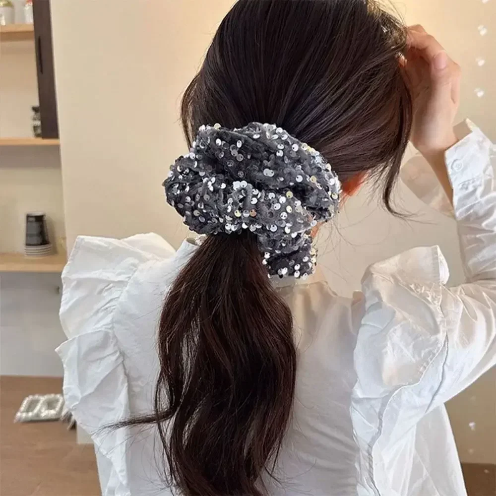 Gomas para el pelo de terciopelo de lujo Vintage para mujer, coleteros con lentejuelas negras y plateadas, accesorios grandes y brillantes para el cabello de fiesta