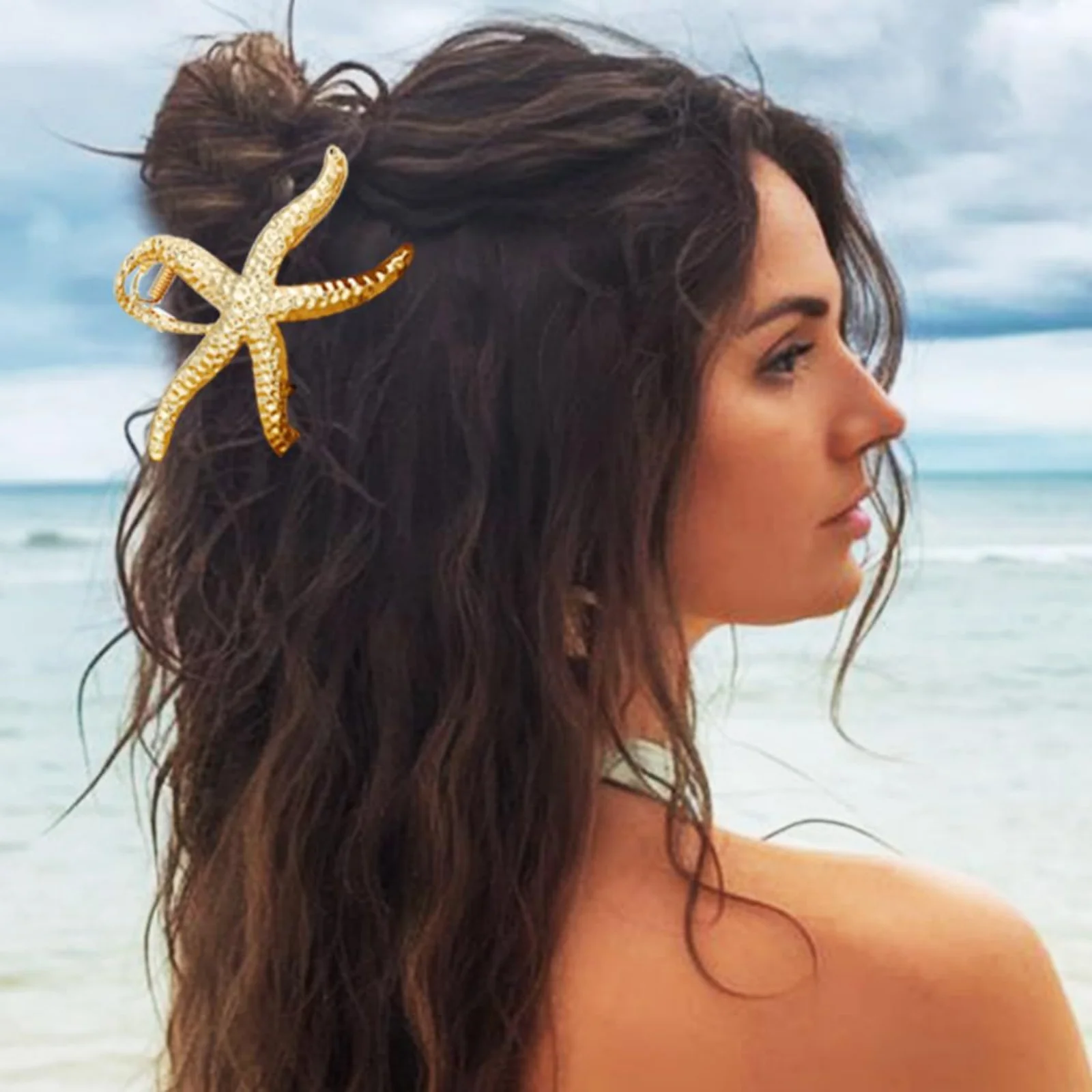1PC Starfish - Shaped Hair Claw Clips, Gold & Silver Textured Metal Hair Grips, Chic Beachy Hair Accessories for Women