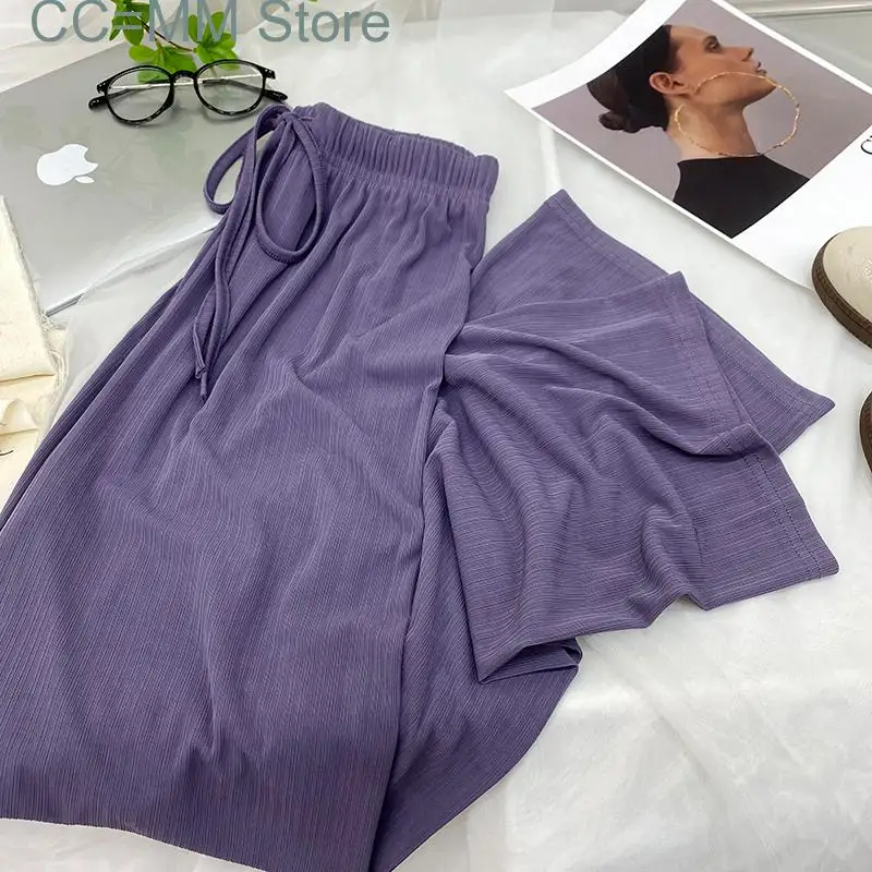 New Prink Knitted Wide Leg Pants for Women High Waisted Drawstring Korean Fashion Casual Pants Elegant Pants