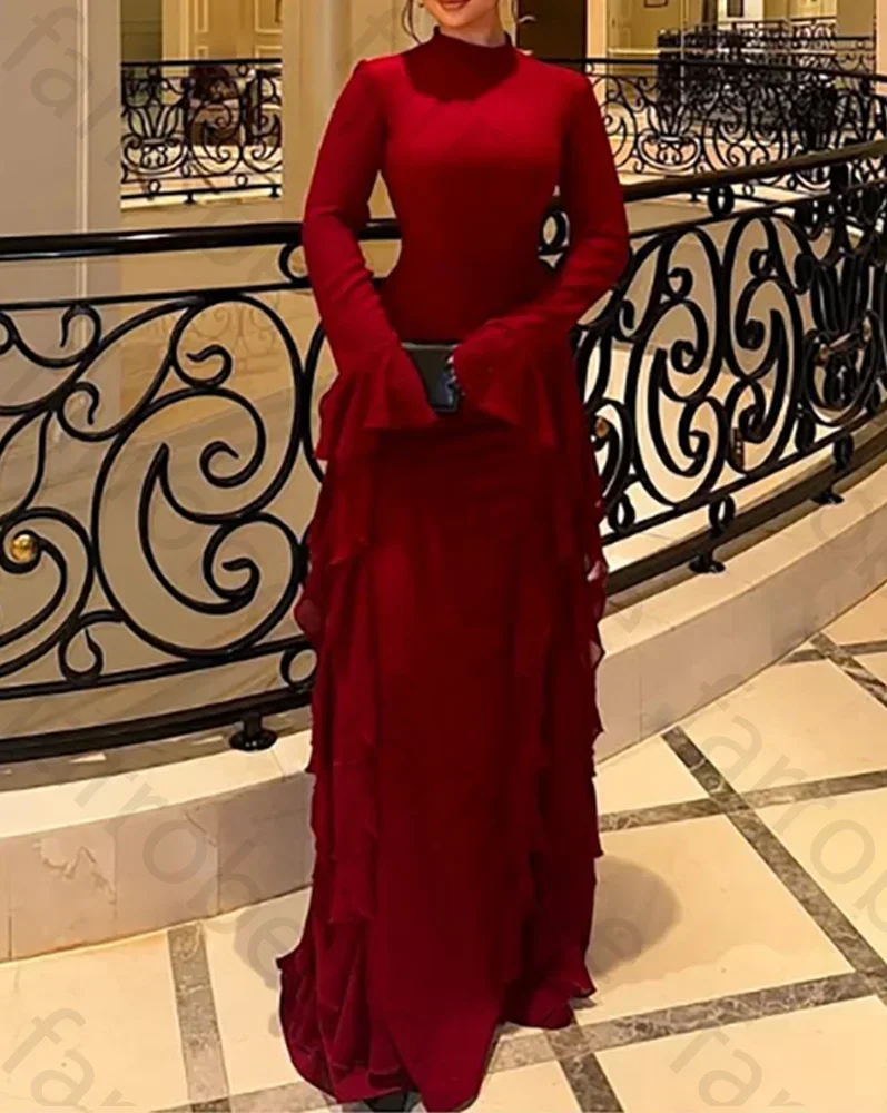 

Customized Long Sleeves O-Neck Prom Dresses Pleated A-line Floor Length High Quality Elegant Gowns Evening Party Dress for Women