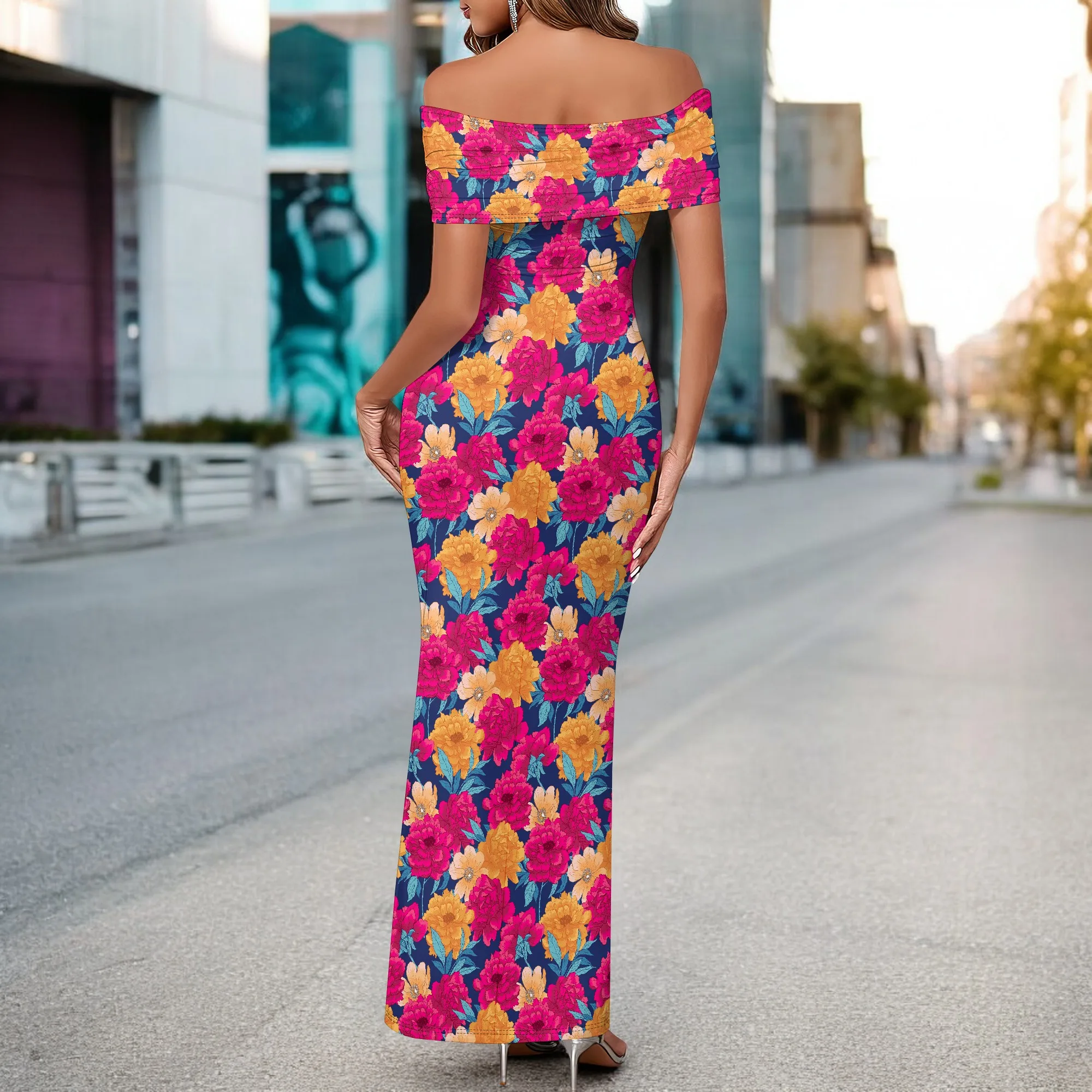 Women's Off Shoulder Long Dress XS-3XL Floral Print Strapless Comfortable Elegant