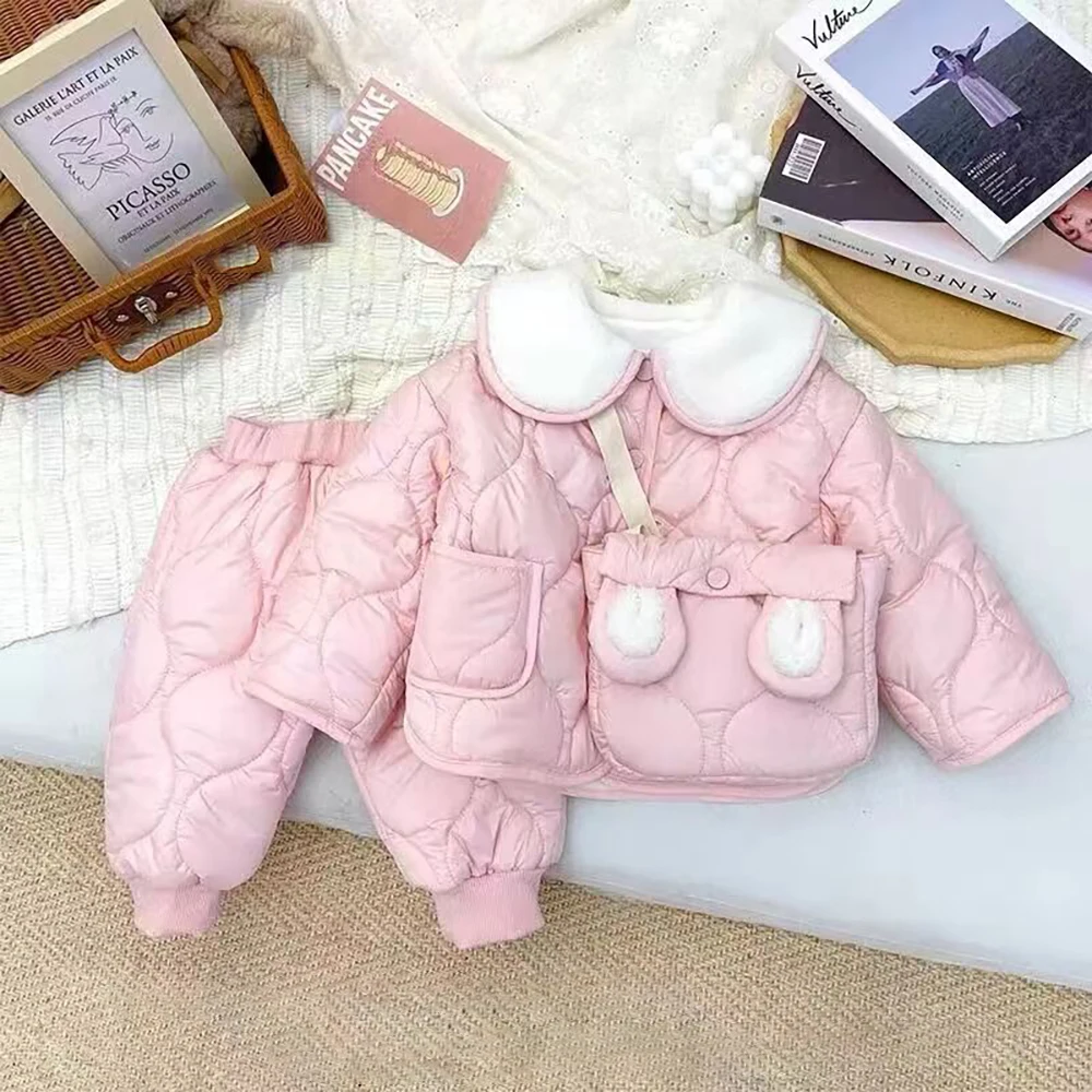 Winter Children Clothes Sets Korean Style Kids Girls Thick Warm Cotton Coats+Pants 2Pcs with Bag Girls Sweet Quilted Jacket Suit