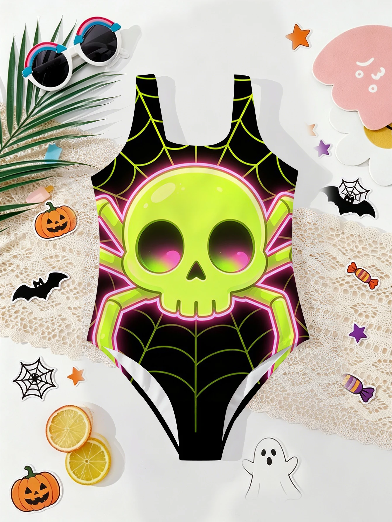 Girl Summer Halloween Skeleton Spider Elegant Fashion Tight One Piece Swimsuit