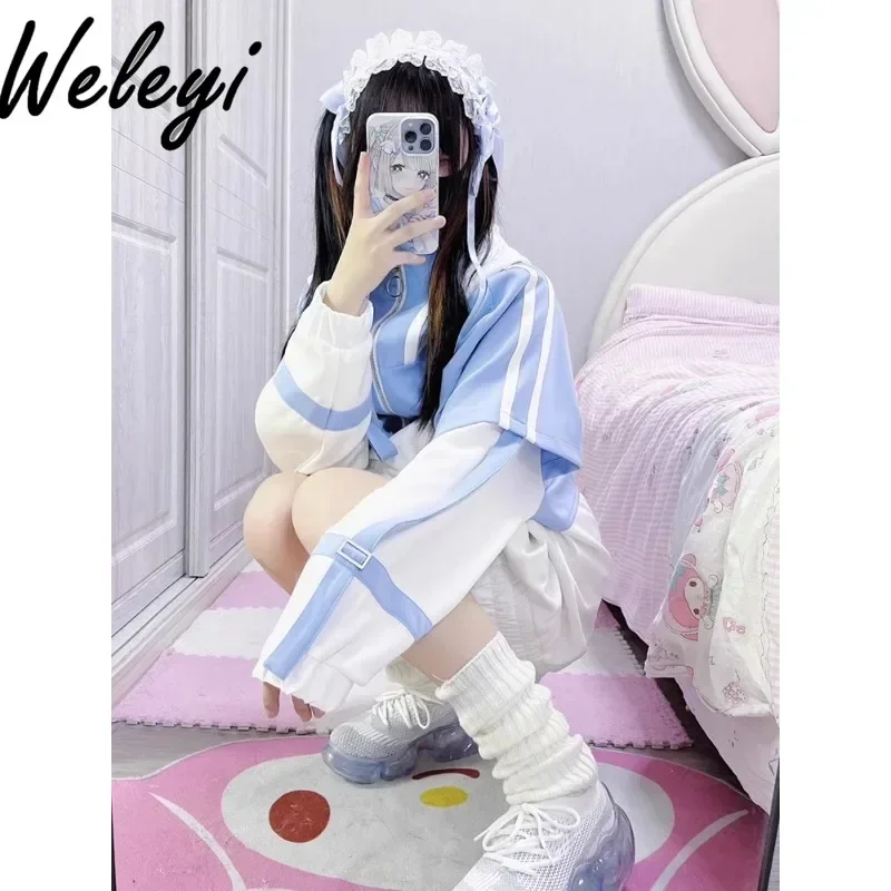 Cute Sports Clothes Water Color Hoodie Jacket Jirai Kei Style Two-dimensional Subculture Women Autumn Trend Blue and White Coat