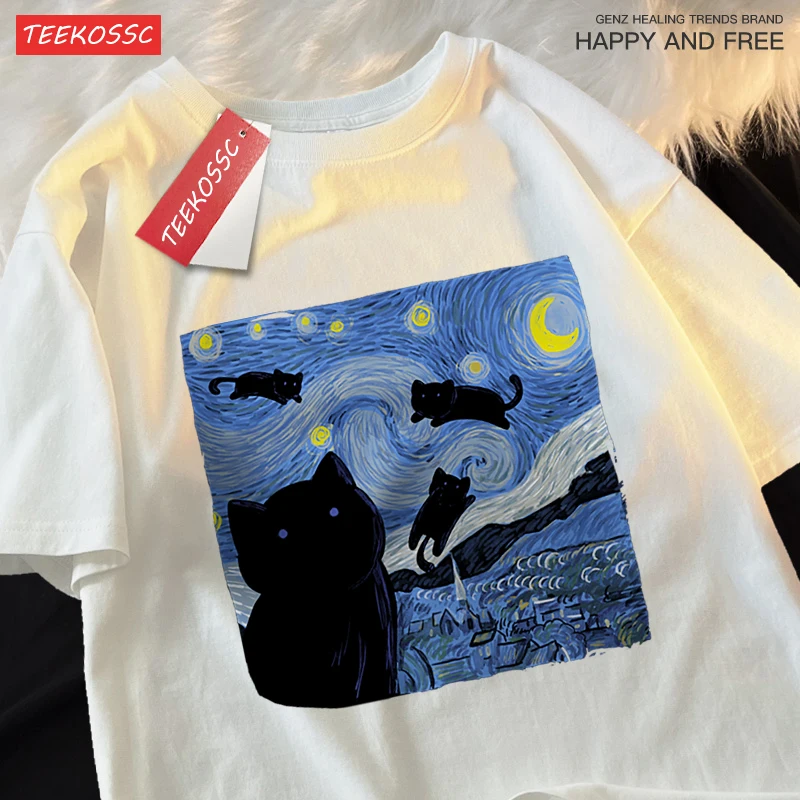 Oil Painting The Starry Cat Night Tshirt Men Women Casual Breathable Summer Tshirts Oversized Loose T Shirt Cotton Clothing