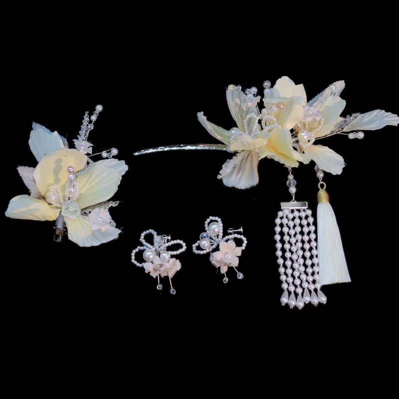 New Chinese Bridal Ear Clip Headdress Yellow Flowers Hair Sticks Beaded Tassel Hair Accessories Classical Headdress