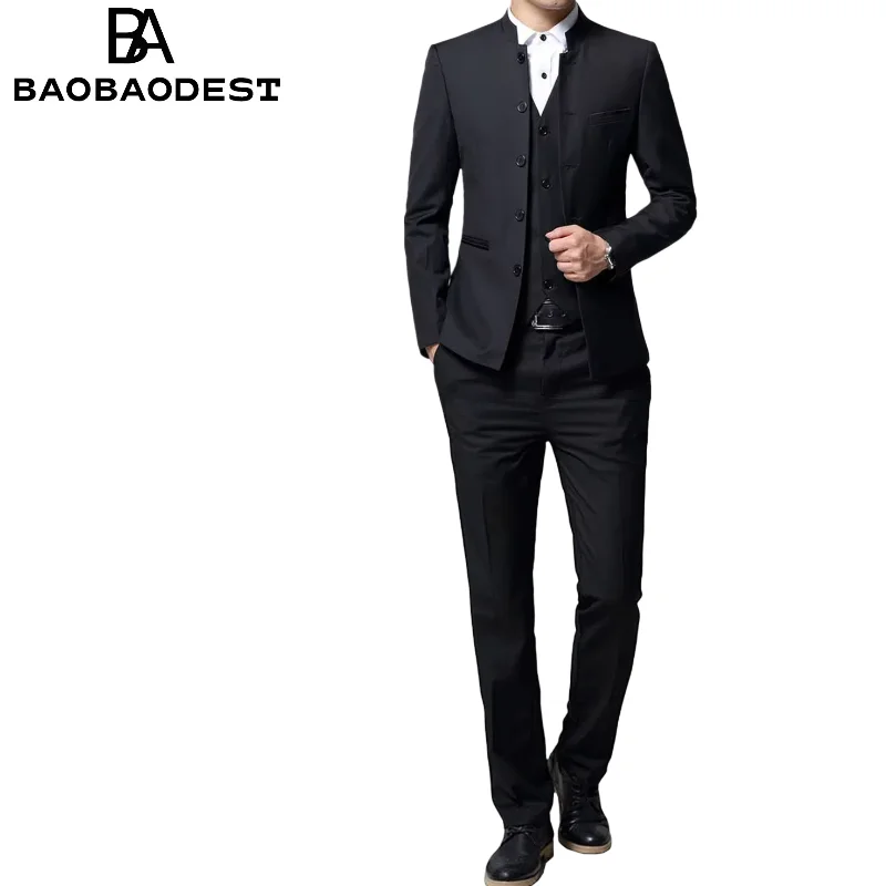 

Black Men's Stand Collar 3-Piece Suit Five Buttons Jacket Trousers & Waistcoat for Wedding/Business Slim Fit Party Prom Suits