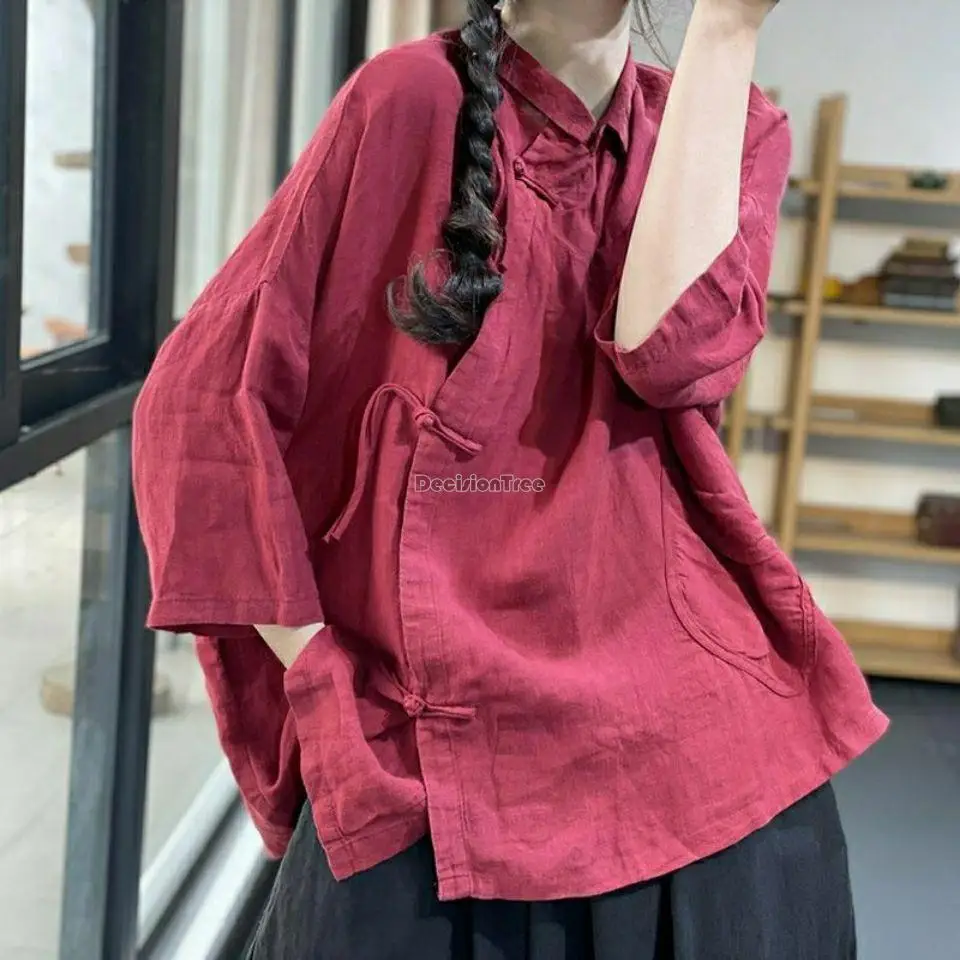 2023 chinês retro simples terno de chá estilo chinês gola meia manga cheongsam botão solto casual feminino blusa superior s45