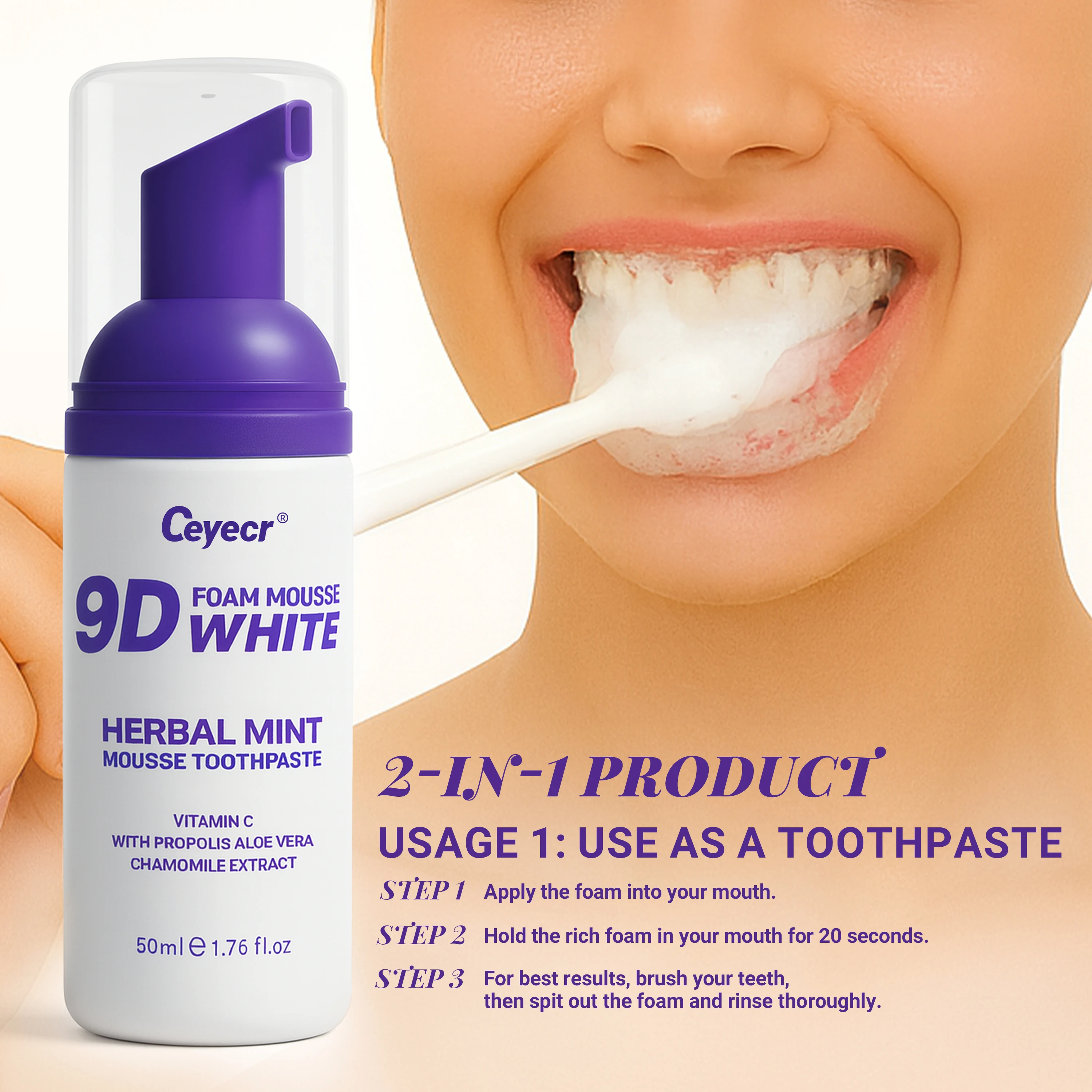 50ml Mousse Toothpaste Teeth Whitening Removing Yellow Teeth Cleaning Tooth Stain Oral Fresh Tooth Care Product