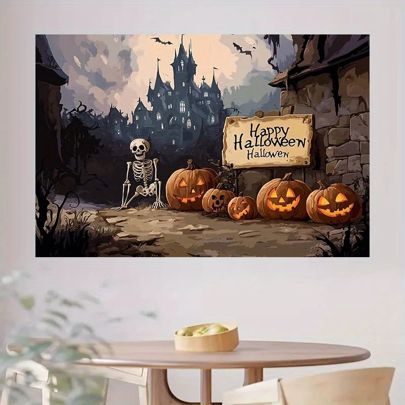 قطعة واحدة من خلفية الهالوين الهوائية مع بيت الأشباح والهيكل العظمي وديكورات اليقطين - احترافية