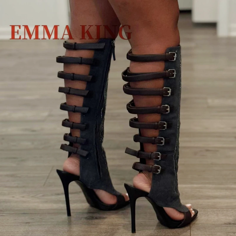 المرأة حجر الراين المفتوحة تو أحذية عالية في الركبة الصيف خنجر الكعوب حزام مشبك أحذية مثير المنصة حفلة صنادل عالية الكعب الأحذية