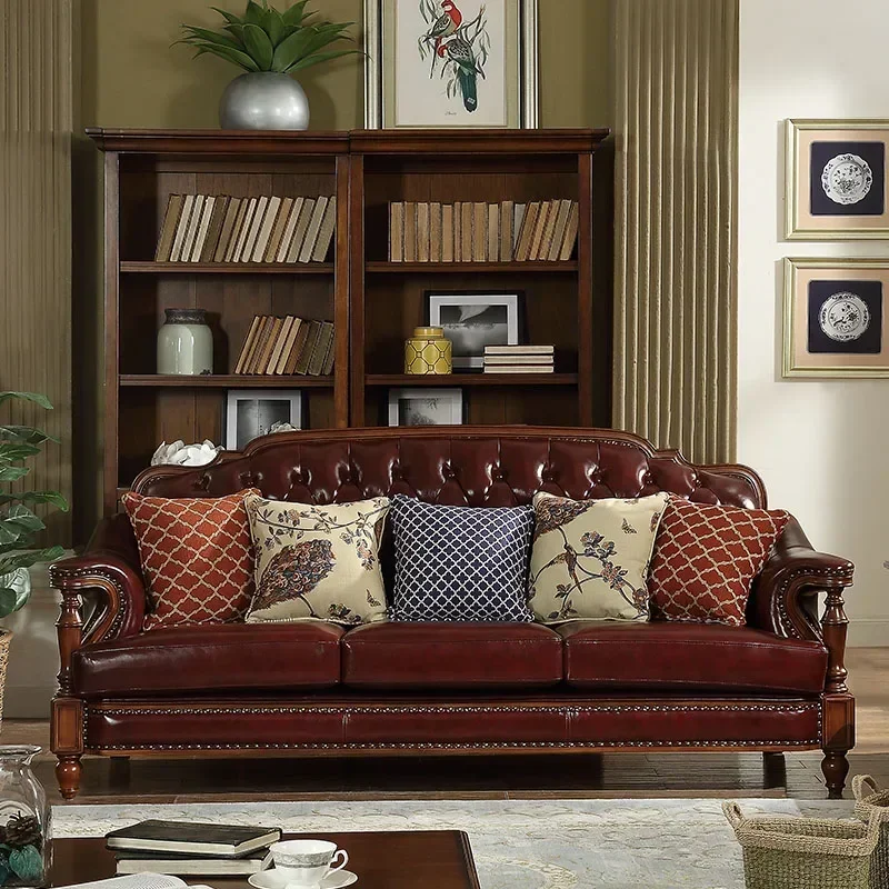 HLZ sofa combination first layer cowhide light luxury pastoral L-shaped three-person