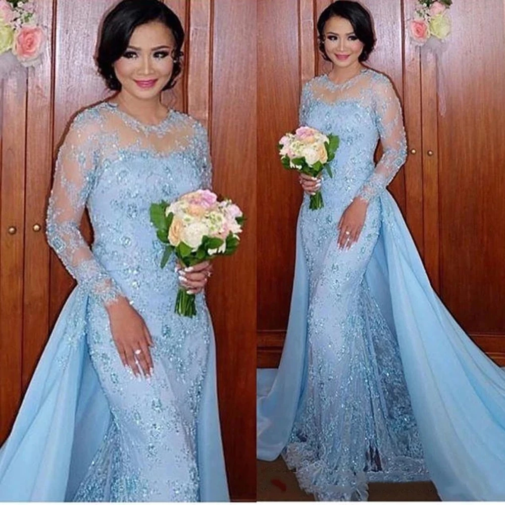 Iridescente elegante azzurro cielo con treno staccabile pizzo scintillante madre della sposa abiti sirena sera Prom matrimonio personalizzato