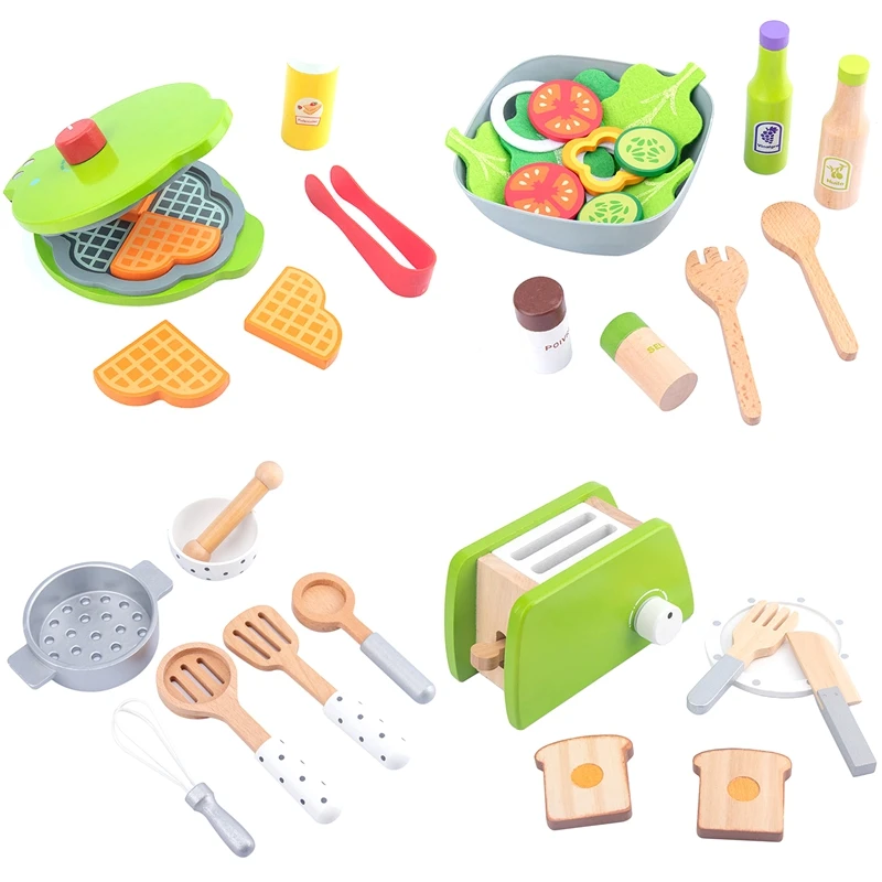 Children Kitchen Toys DIY Cooking Pretend Play Simulation Wooden Kitchen Food Toys For Kids Toy Set