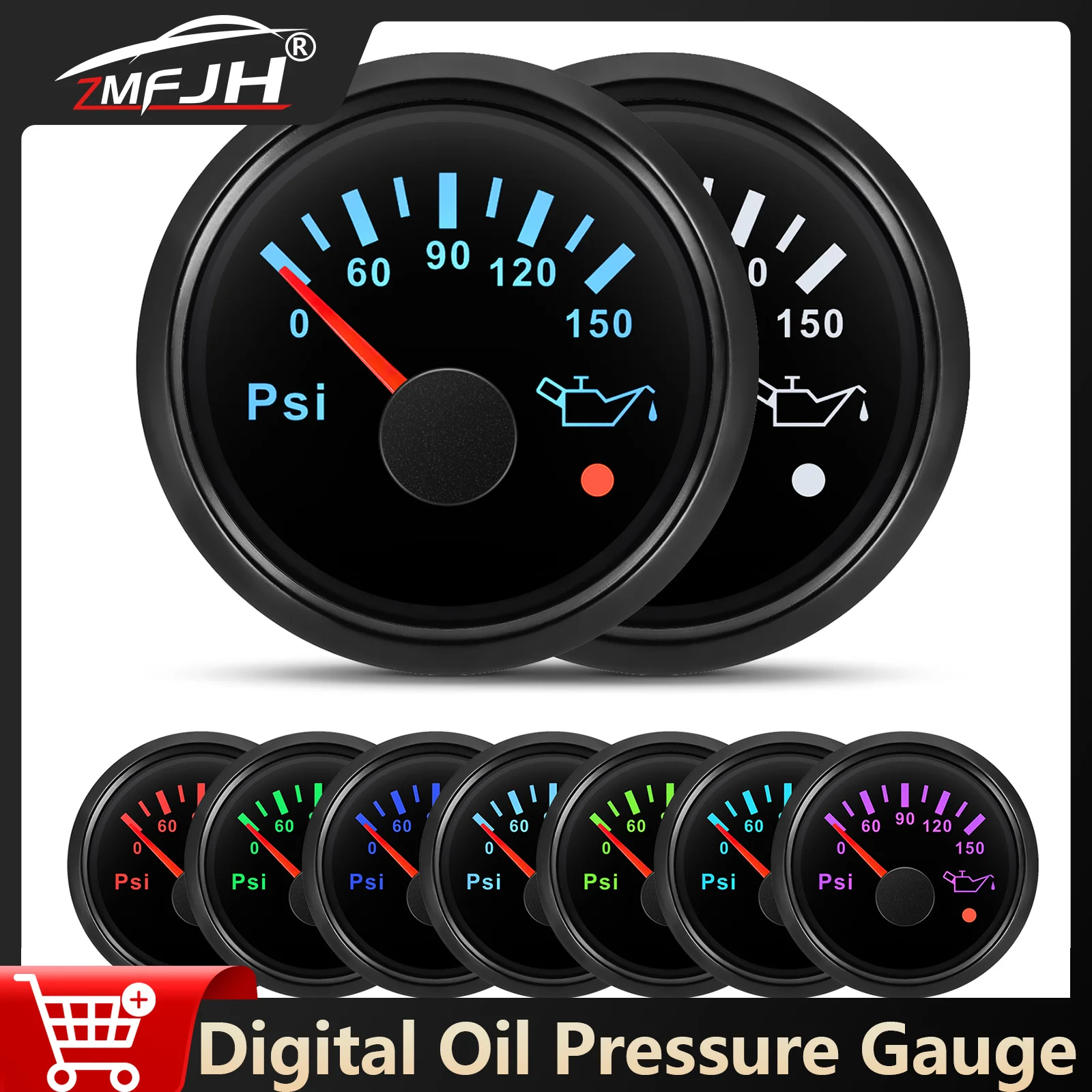 

52mm Digital Oil Press Gauge 0-150PSI Pressure Meter 7 Color Backlight Indicator For Marine Boat Car Oil Press Meter 12V 24V