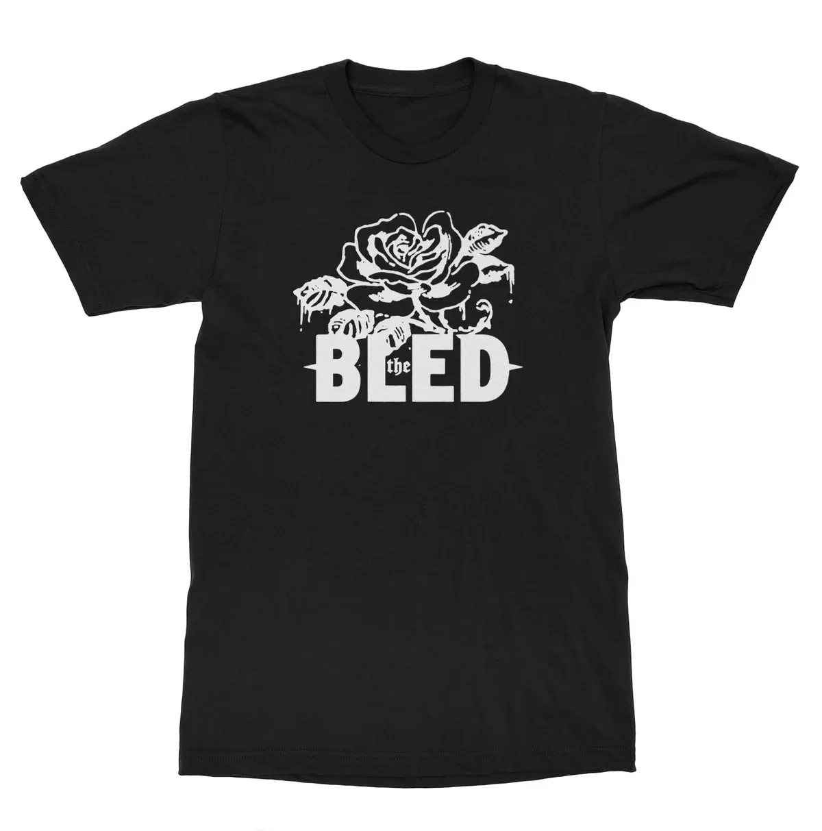 The Bled Dark Floral Themed Print T Shirt, Stylized Hand Drawn Dripping White Rose and Bold Band Logo Text