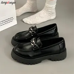 Chunky Heel Platform Metal Chain loafers Women Pumps Black round toe small leather shoes Female Casual Retro JK Uniform shoes