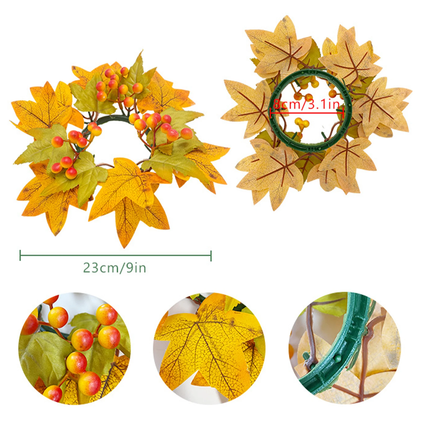 Maple Leaf Candle Ring Harvest Autumn Colors Maple Leaves Pumpkin Berries Artificial Candlestick Ornament Halloween Table Decor