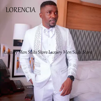 Customized Diamond Men Suits Luxury Crystal Beaded Groom Wedding Tuxedos Double Breasted Party Prom Blazer 2 Piece Costume Homme