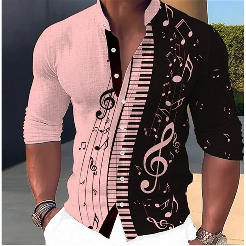 2023 New Fashion Men\'s Long Sleeve Music Symbol Printed Shirt Casual Soft and Comfortable Standing Neck Button Outdoor Top S-6XL