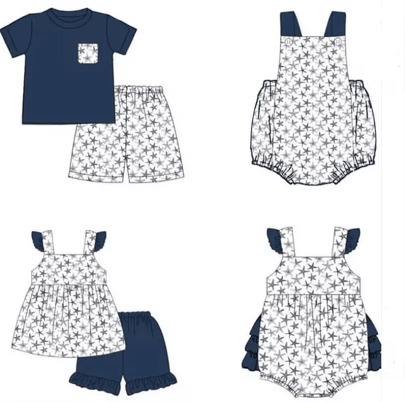 New hot sale 7.4 suit gray five-pointed star print navy blue short-sleeved clothes baby girl clothes pearl design Independence D