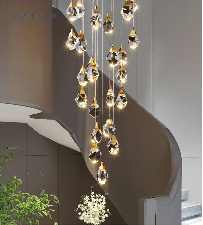 Modern Crystal Chandeliers Luxury Diamond Raindrop Pendant Lights High Ceiling Living Room Bedroom Staircase Lamps Lustre