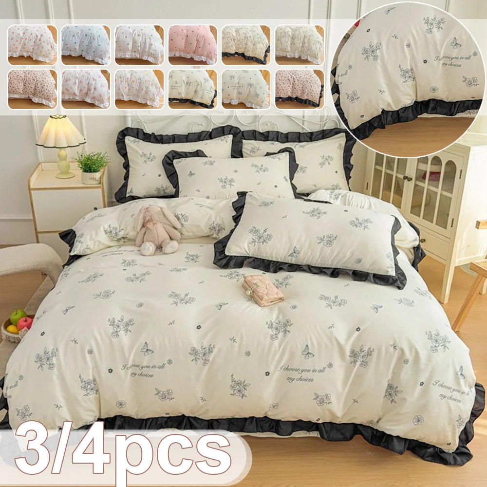 3/4pcs Princess Style Ruffle Edge Bedding Set Cute Floral Print Quilt Cover Soft Duvet Cover Set for Queen King Dormitory Home