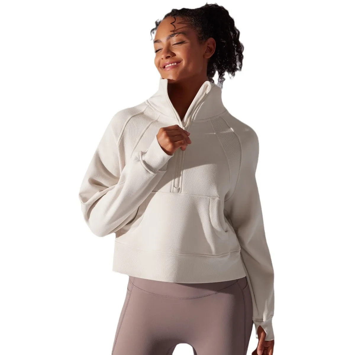 

Mermaid Curve High Neck Warm Interior fleece-lined Zipper Sports Jacket Loose Yoga Casual Fashion All-match Sweatshirt