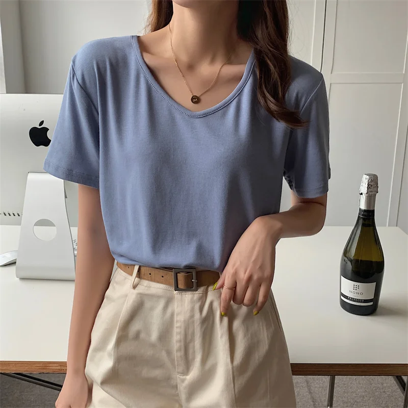 

Summer Minimalist Style U-neck T-shirts Women Multi-color Oversize Loose Tees Tops Solid Color Short-sleeve Korean Basic Tshirt