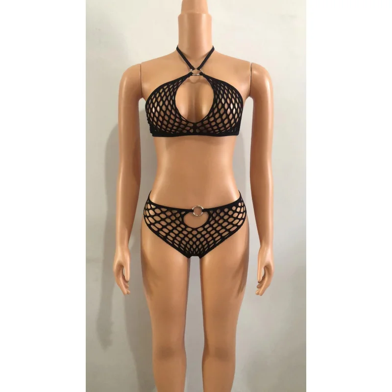 Foreign Trade Cross-Border Hot Lady Sexy Underwear Semi-Transparent Halter Bra Panties Set Lace-up Bikini Fishnet Clothing