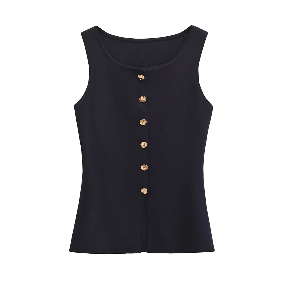 New French women\'s clothing temperament round neck sleeveless gold buckle decoration slim fit long knitted vest