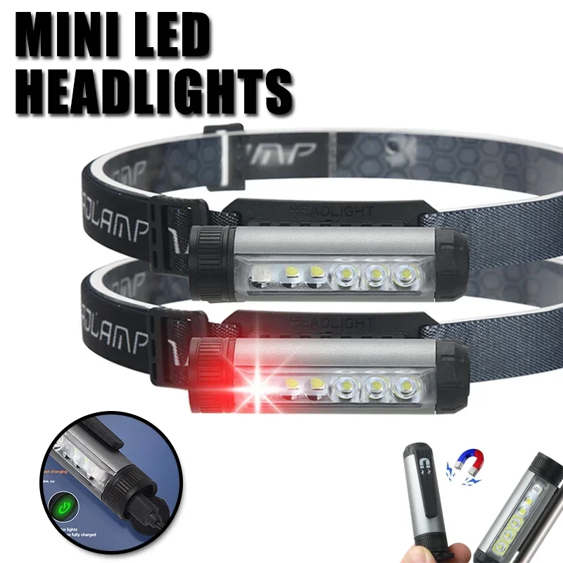 LED Headlamp Mini Flashlight with Magnetic Pen Holder USB Charging Multi-function Cap Clamp Light 8 MODES for Outdoor Camping