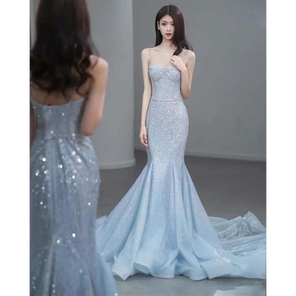 Sky Blue Celebrity Dress Sequins Spaghetti Strap Woman Mermaid Chapel Train Beading Wedding Beach Party Evening Gowns For Bride