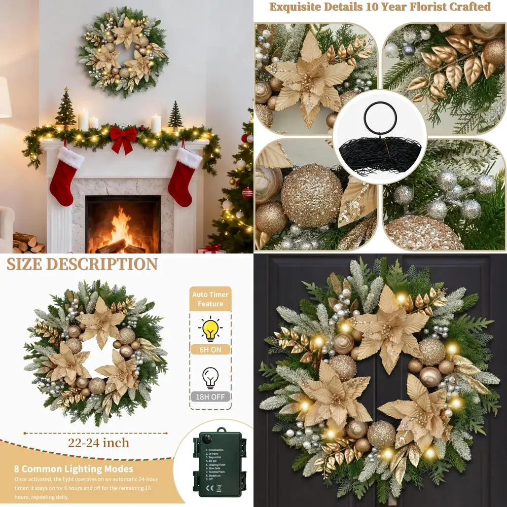 

Элегантный венок из 24-х искусственного золота цвета шампанского на Рождество — украшенный цветами, шариками, ягодами, листьями и снежной сосной