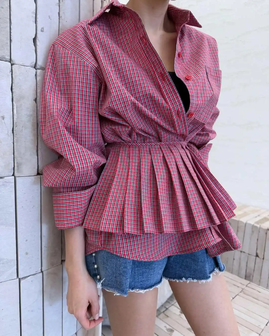 SuperAen Korean Style Belt Waist Retro Contrast Color Plaid Shirt for Women Spring New Polo Pleated Design Casual Tops view 6