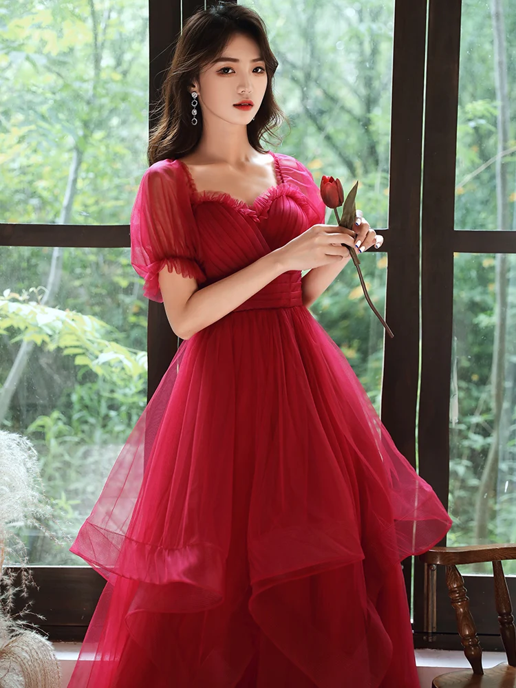 

Red Wedding Dr Materni Qipao Fro Korean Sle mid Waist Long Sve Bridesmaid Dr for Engagement And Wedding
