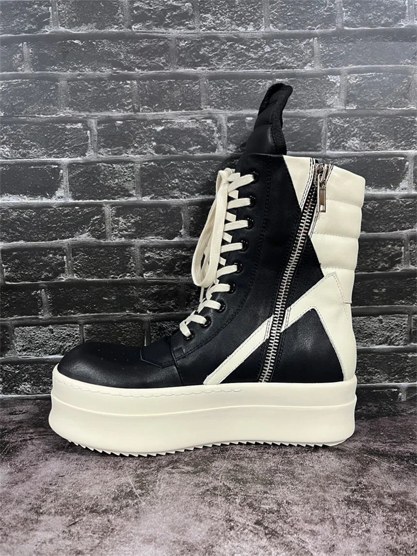 Mid-High Cowhide Handmade Thick Sole Increasing Platform Punk Hip Hop Street Boots