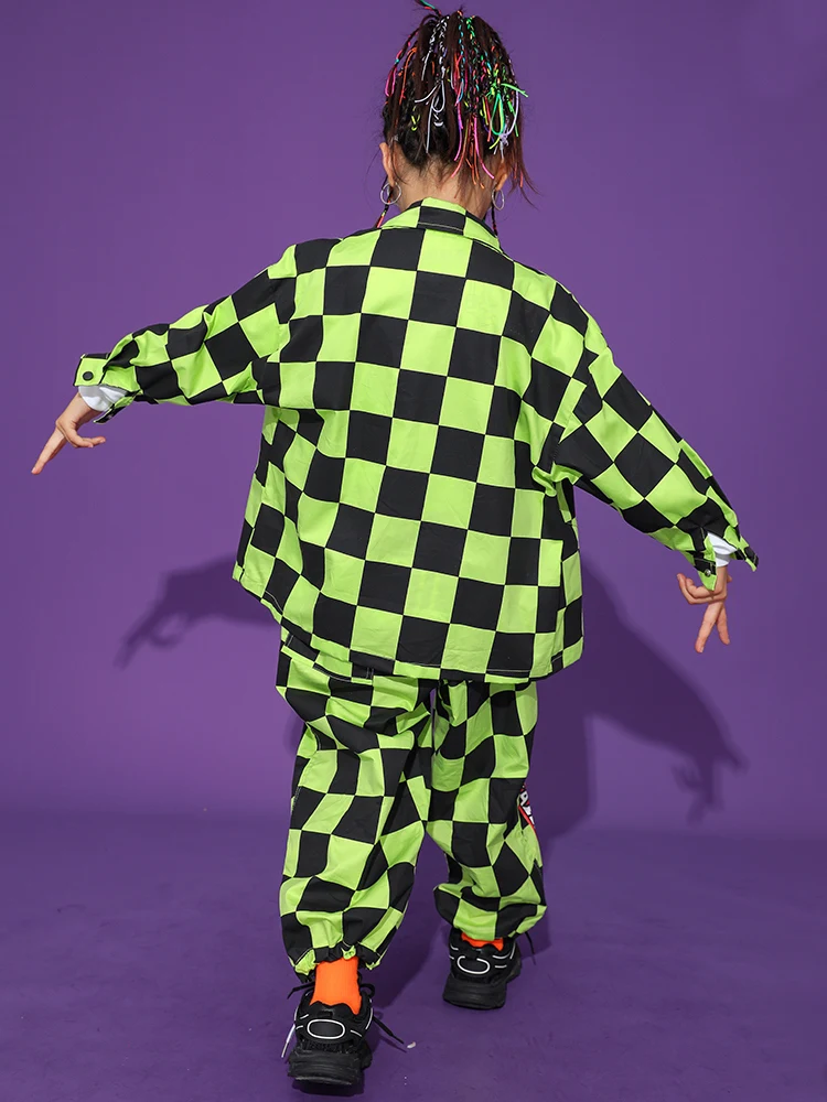 Fashion Kids Costume Green Checked Shirt Pants For Girls Jazz Dance Costume Hip Hop Clothing Boys Stage Performance Wear  BL9900