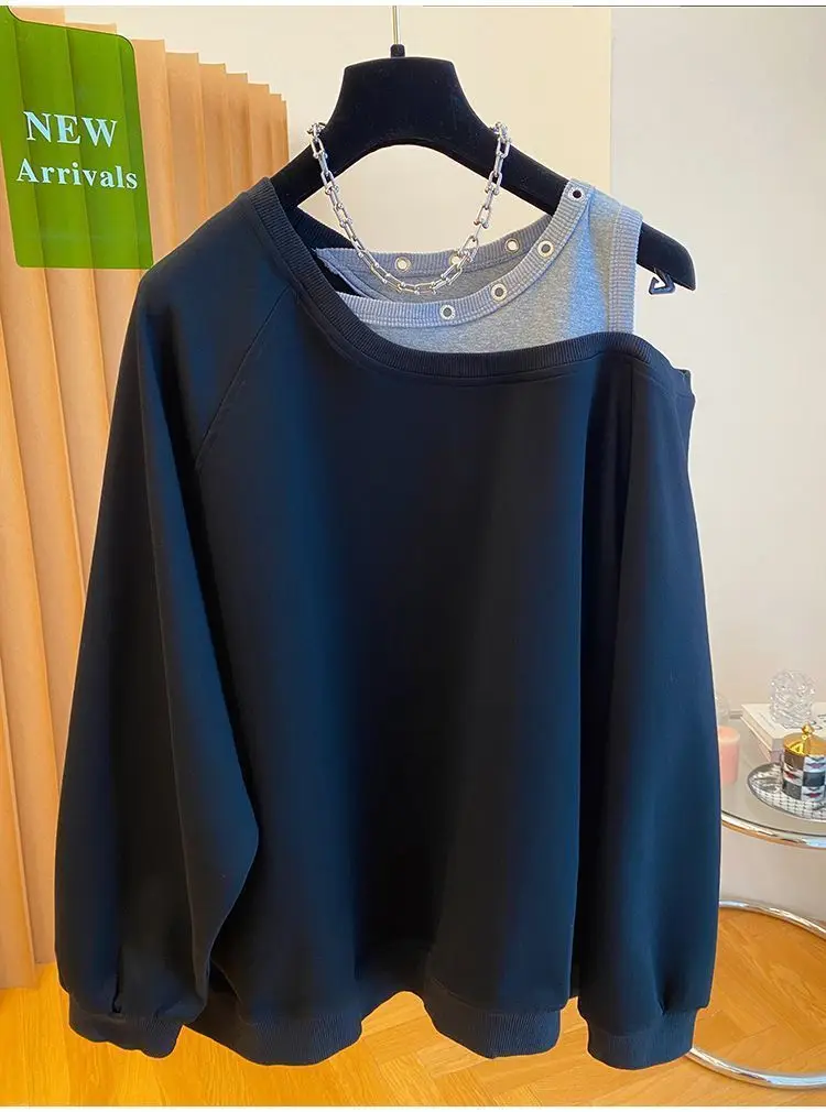 Fake Two Piece Casual Oversized Off Shoulder Sweatshirt Tops Women Designer Hollow Out Sweatshirt Fall Hoodie Jacket Outwear