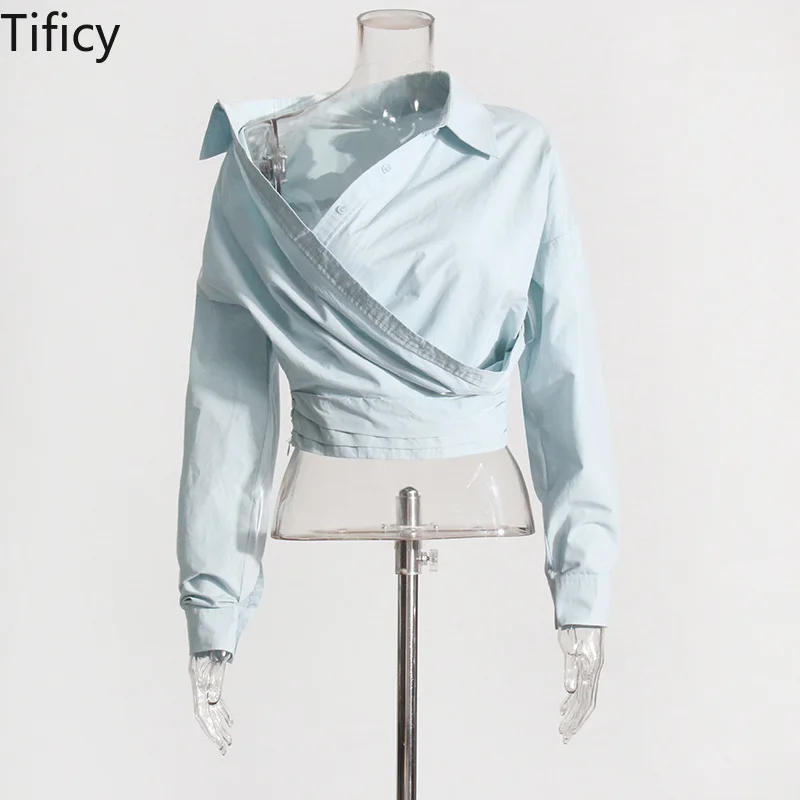 TIFICY High Quality New Fashionable and Elegant Slant Neck Waist Closing Slimming Solid Color, Simple Short Women's Shirt Top