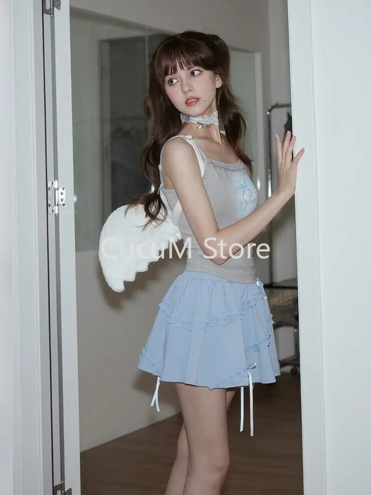 Rok pendek pita A-line biru baru 2024 rok Jean Vintage Y2k 90s rok koboi elegan Korea Harajuku estetika 2000s pakaian Chic