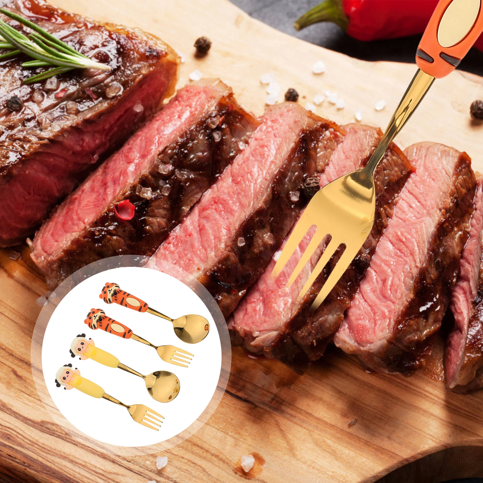 

4Pcs Stainless Steel Cutlery Set Children Cartoon Spoon Fork Tableware Animal Cake Dessert Spoon for Eating Dining Stirring