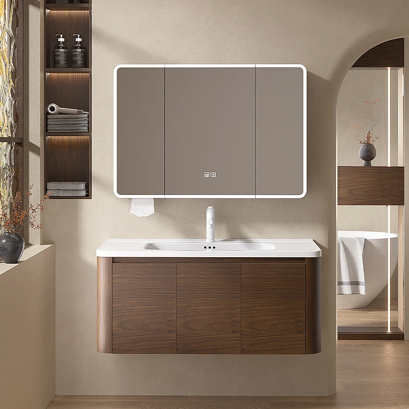 Nordic Walnut Wood Bathroom Cabinet Vanity Combo Washstand Touch Screen Multifunction Mirror Fashion Furniture Muebles Baño FYBC