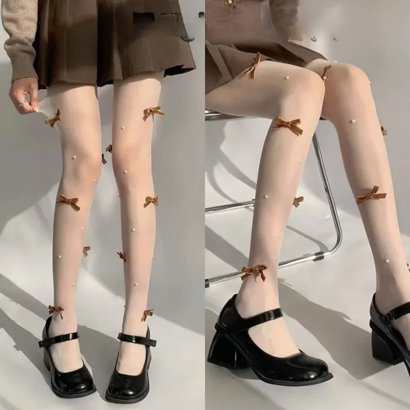 

Sexy JK Lolita Bow Lace Tights Fashion Bowknot Pearl Hollow Mesh Fishnet Thigh High Stockings Women Sweet Girls Tight Pantyhose